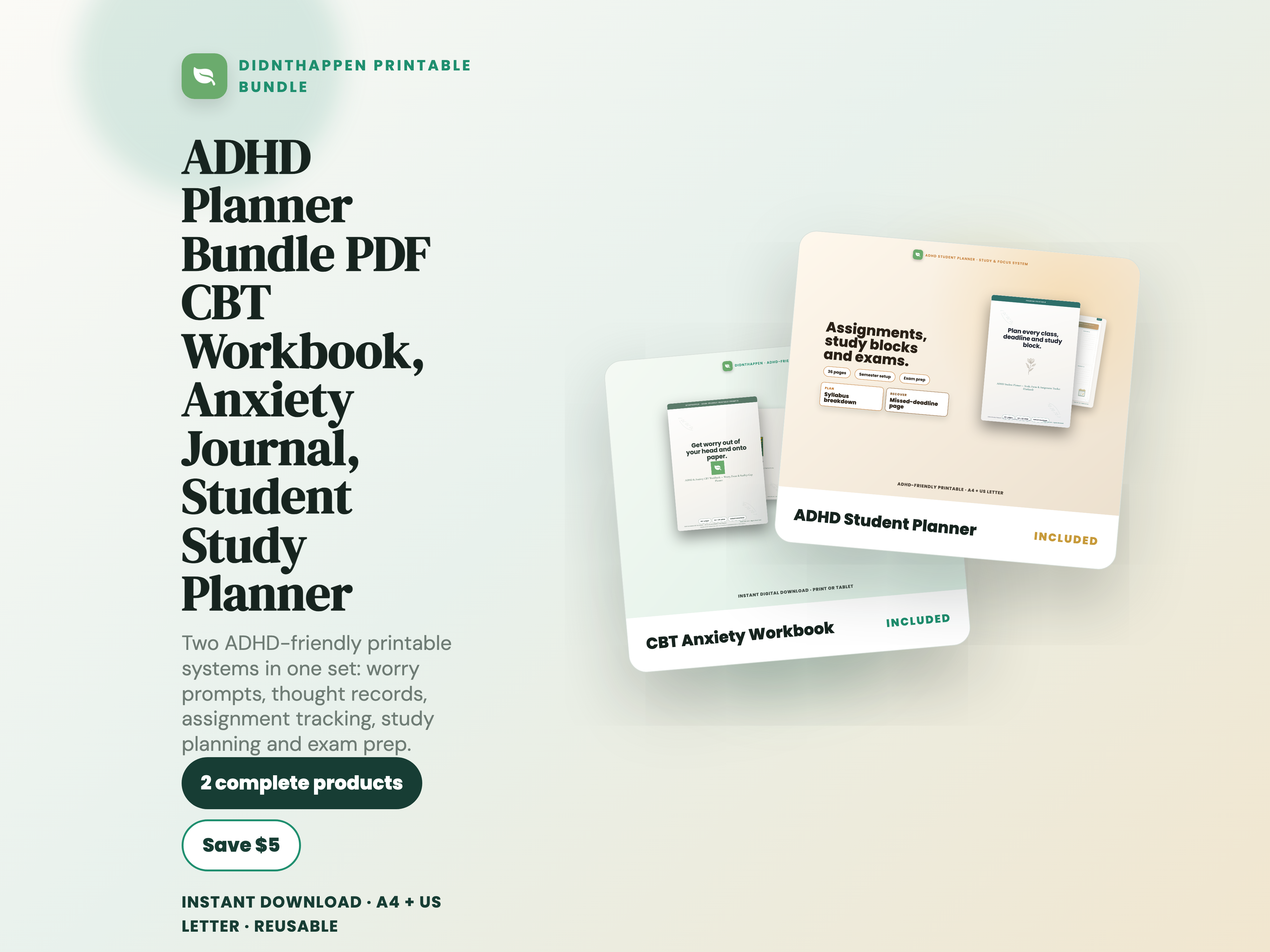 ADHD Planner Bundle PDF | CBT Workbook, Anxiety Journal, Student Study Planner bundle cover