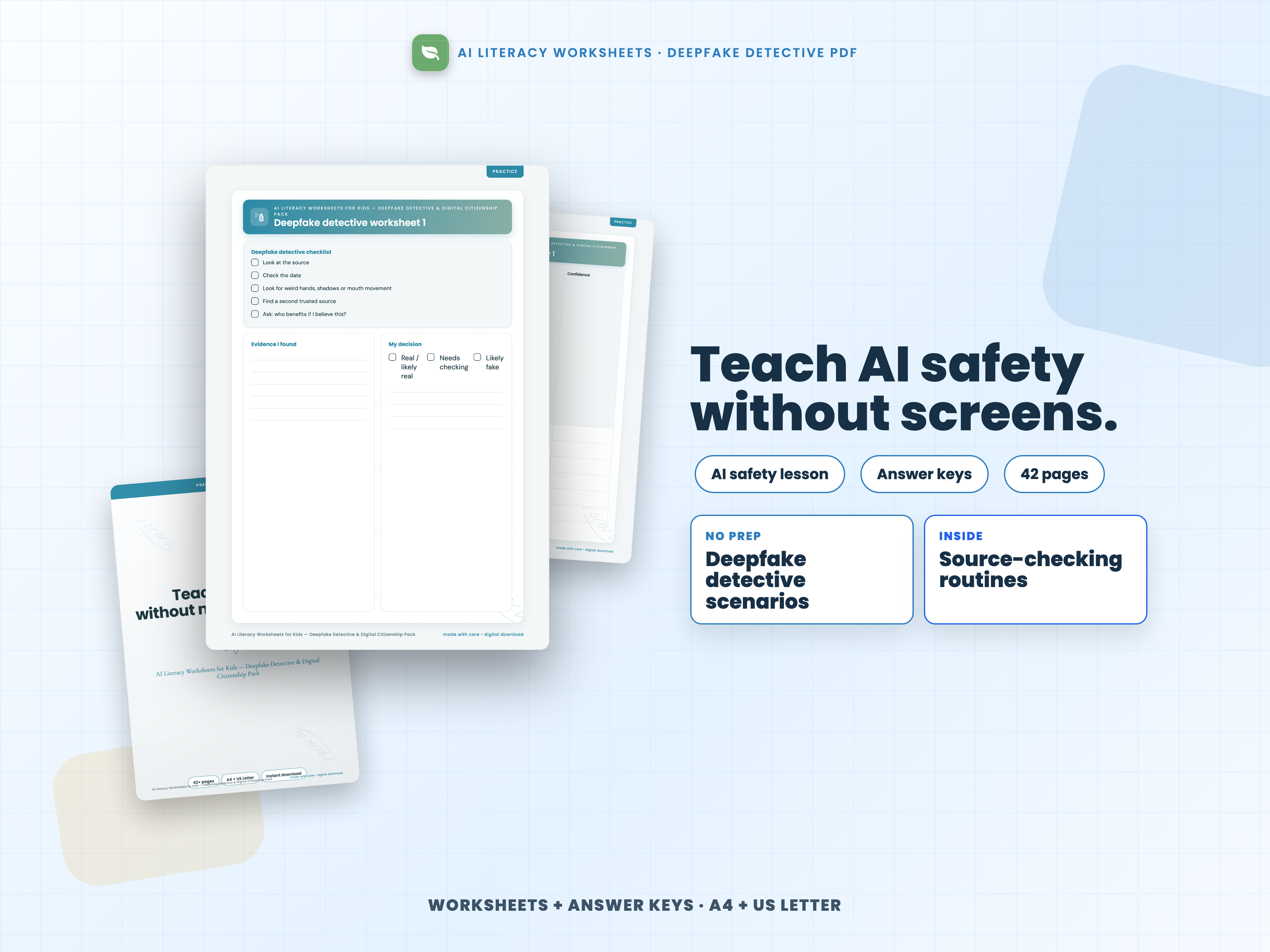 AI Literacy Worksheets for Kids — Deepfake Detective & Digital Citizenship Pack cover preview