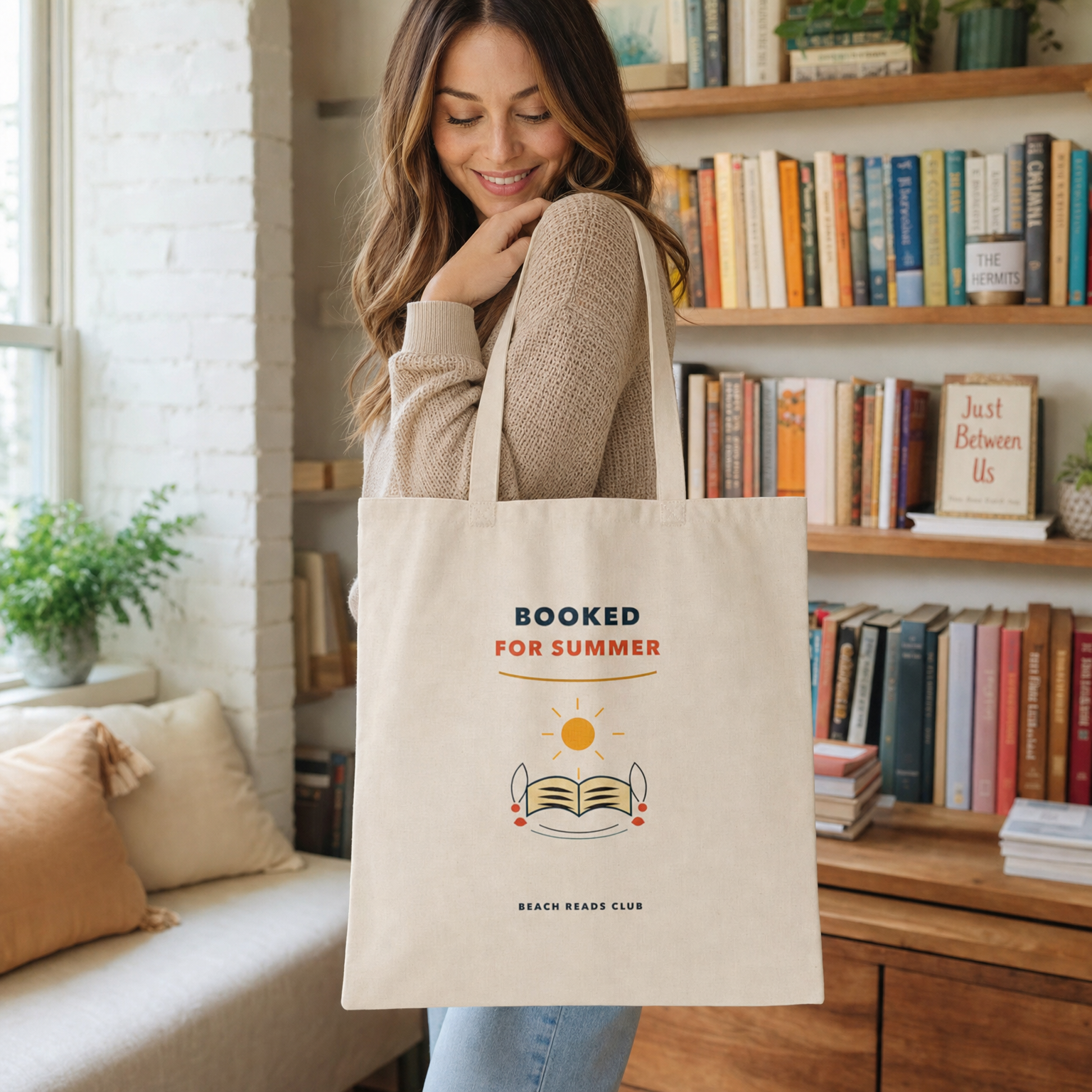 Booked For Summer Tote Bag | Book Lover Beach Bag Reading Gift shown on adult model in reading nook