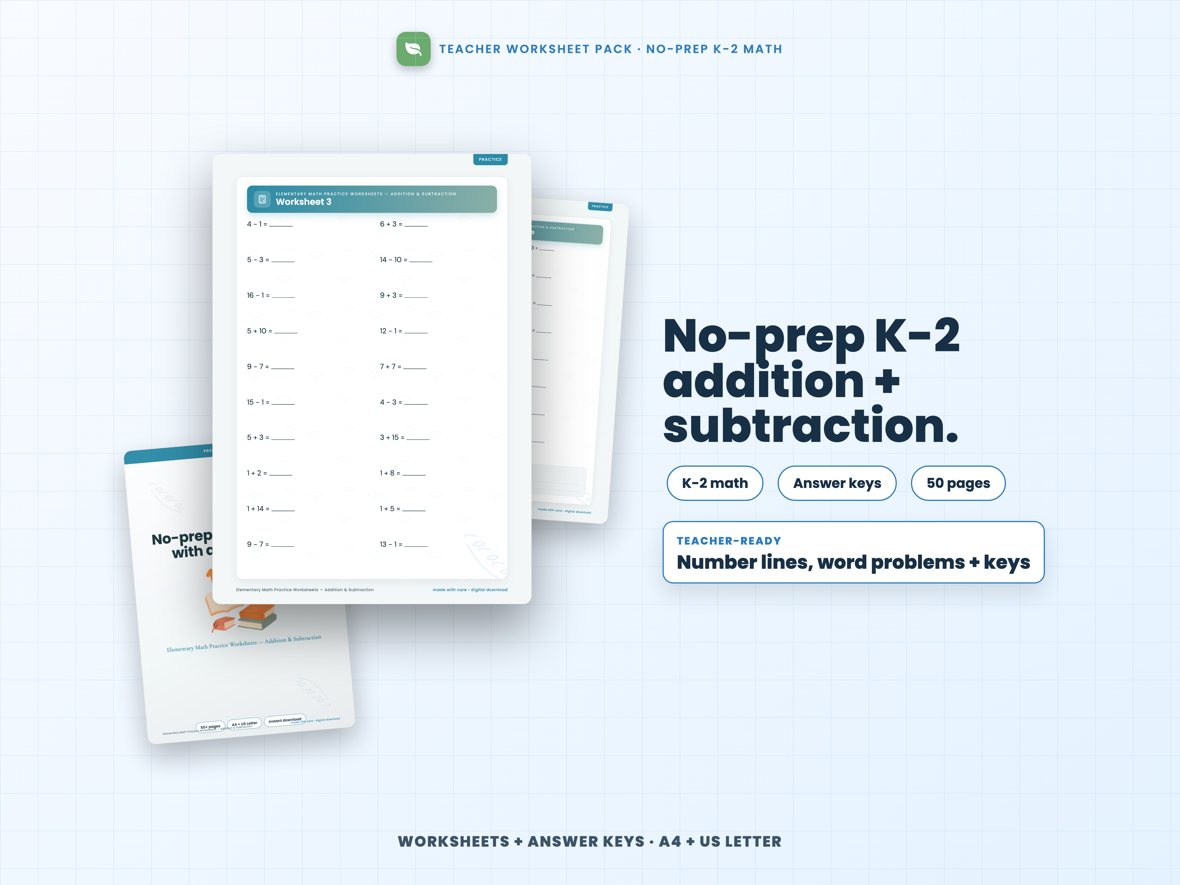 K-2 math worksheet pack cover