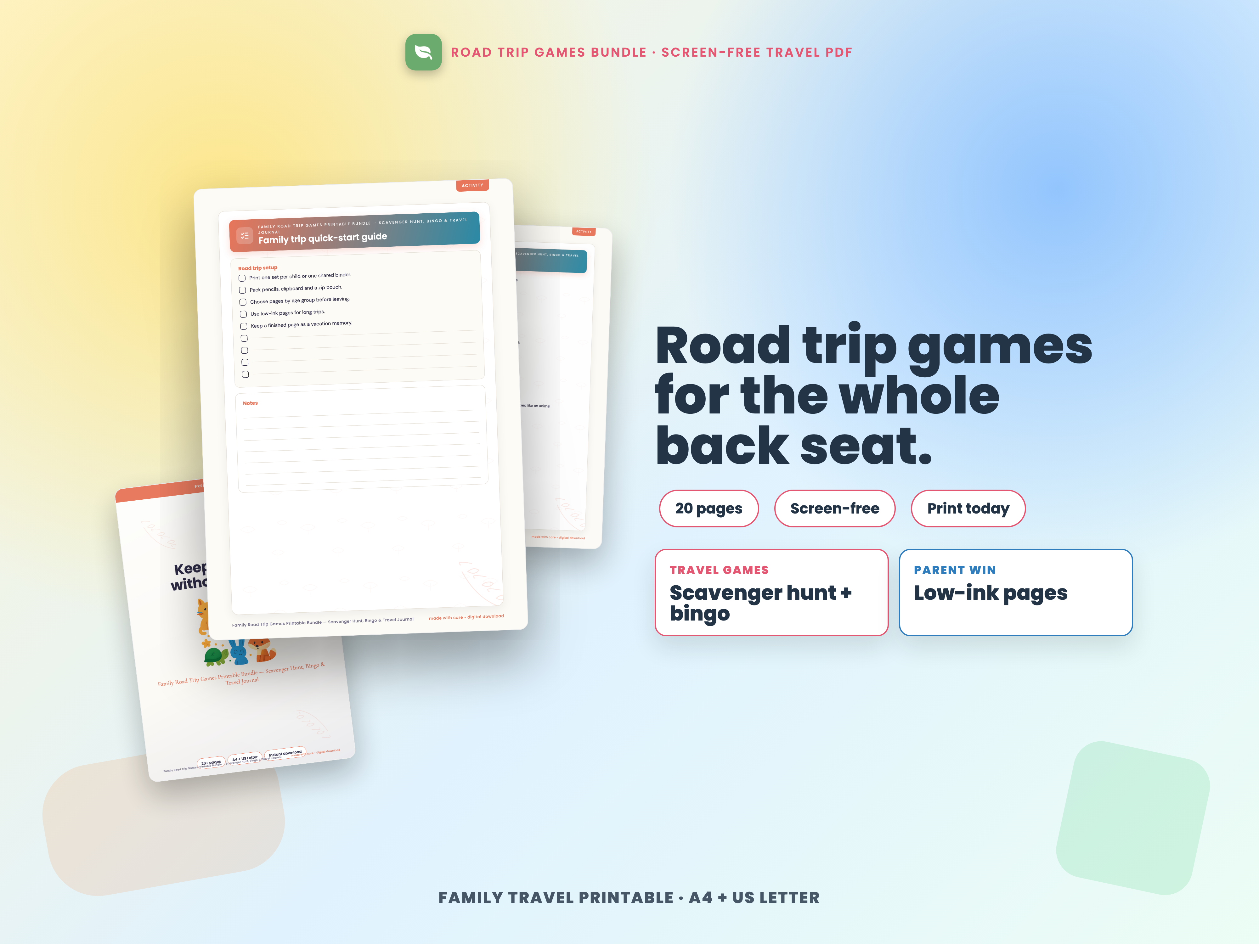 Family Road Trip Games Printable Bundle — Scavenger Hunt, Bingo & Travel Journal cover preview