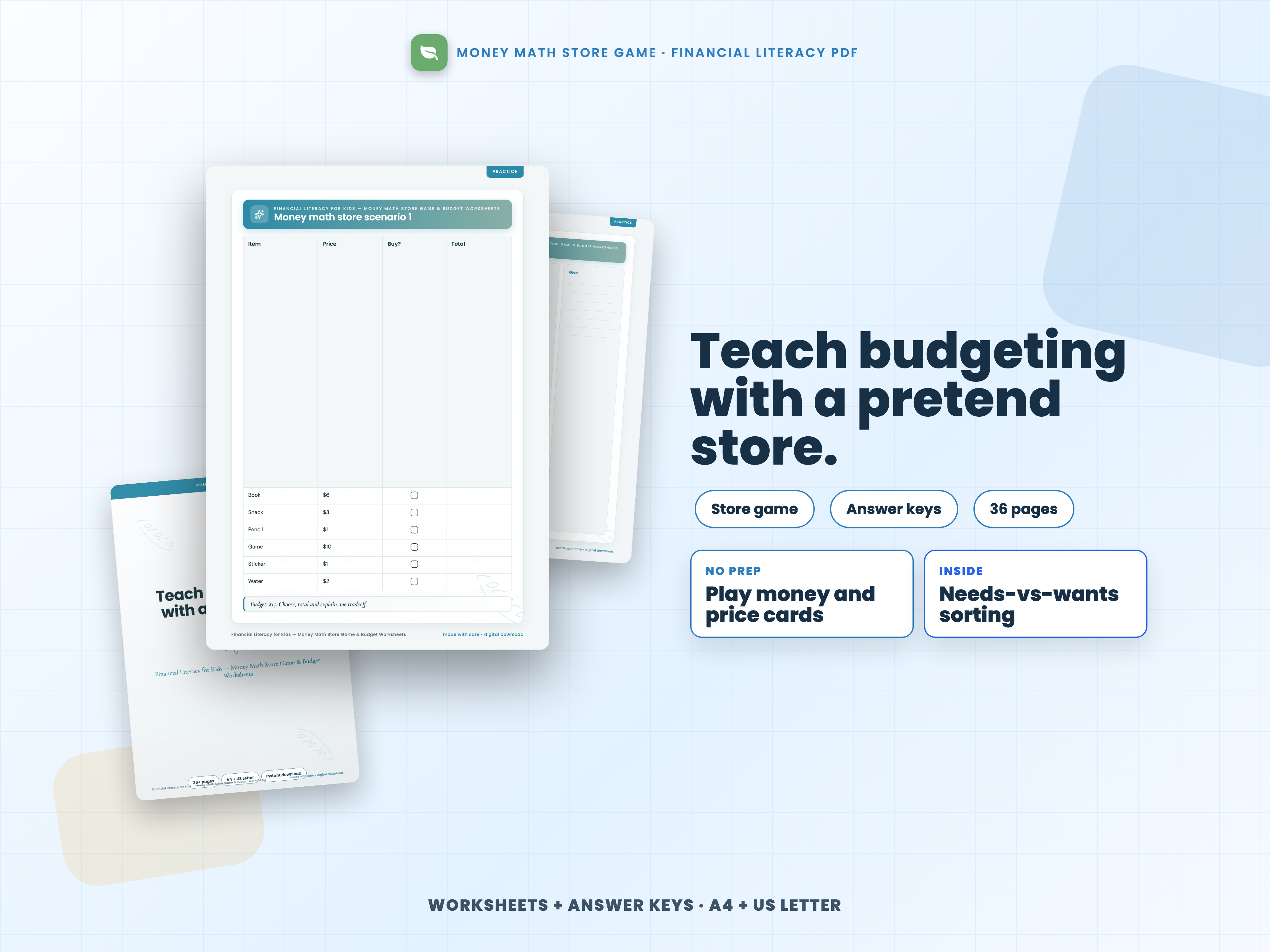 Financial Literacy for Kids — Money Math Store Game & Budget Worksheets cover preview
