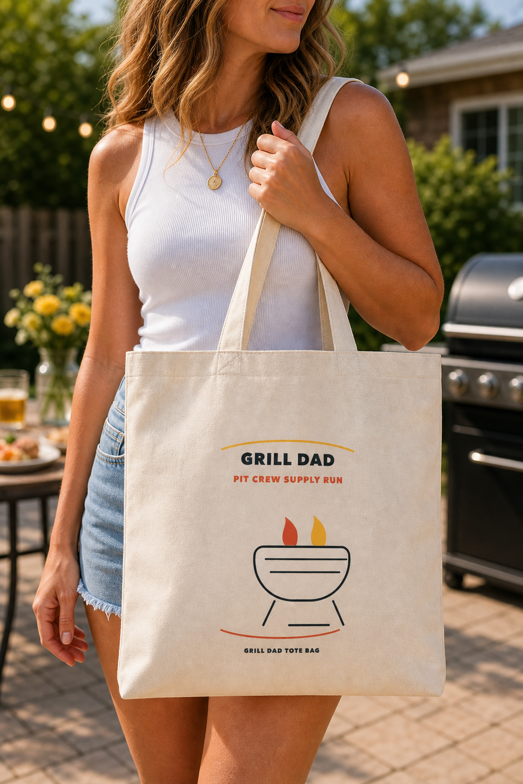 Grill Dad Cotton Canvas Tote Bag, BBQ Father's Day Gift finished physical cotton canvas tote bag in backyard BBQ grill lifestyle scene
