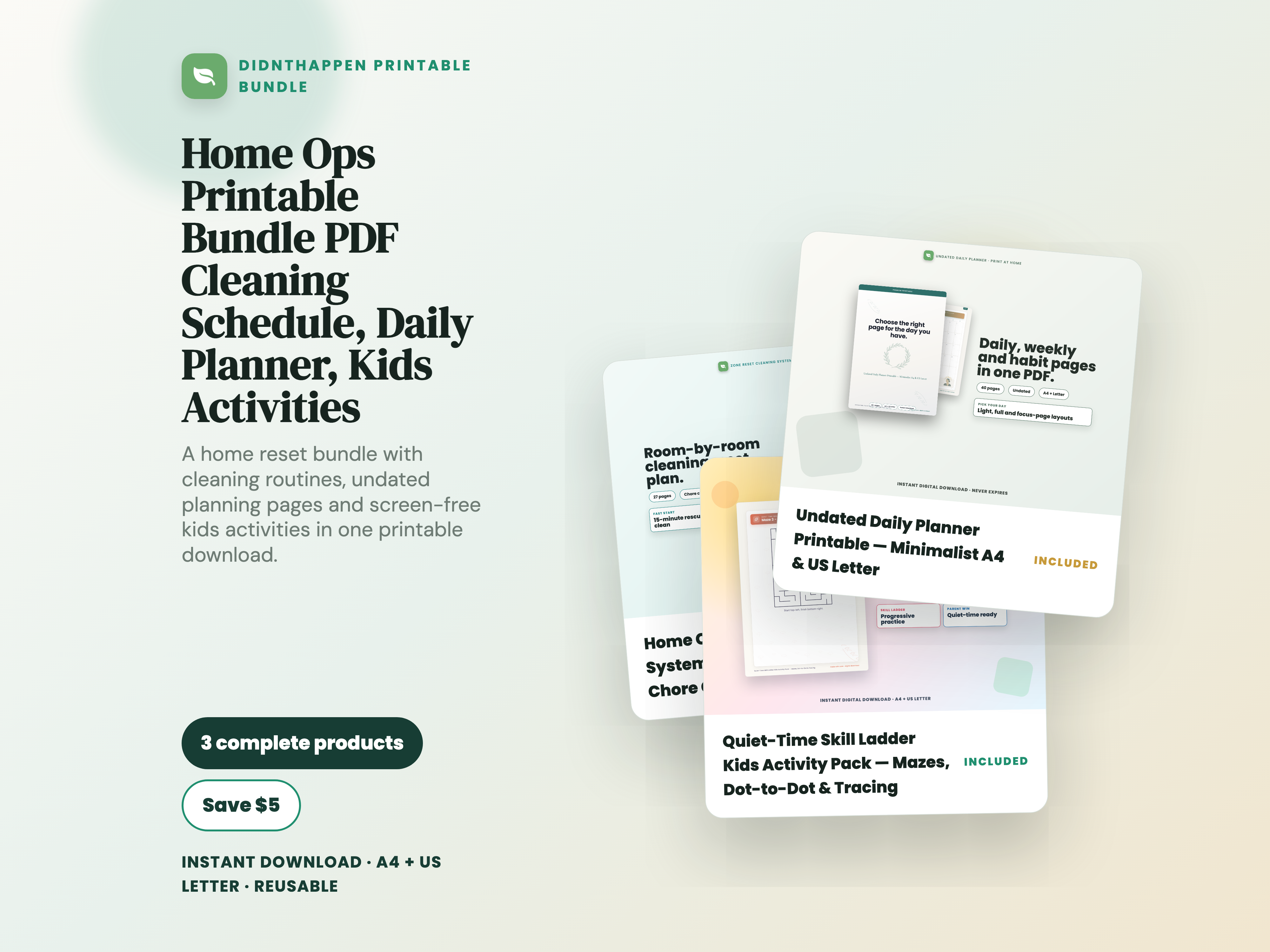 Home Ops Printable Bundle PDF | Cleaning Schedule, Daily Planner, Kids Activities bundle cover