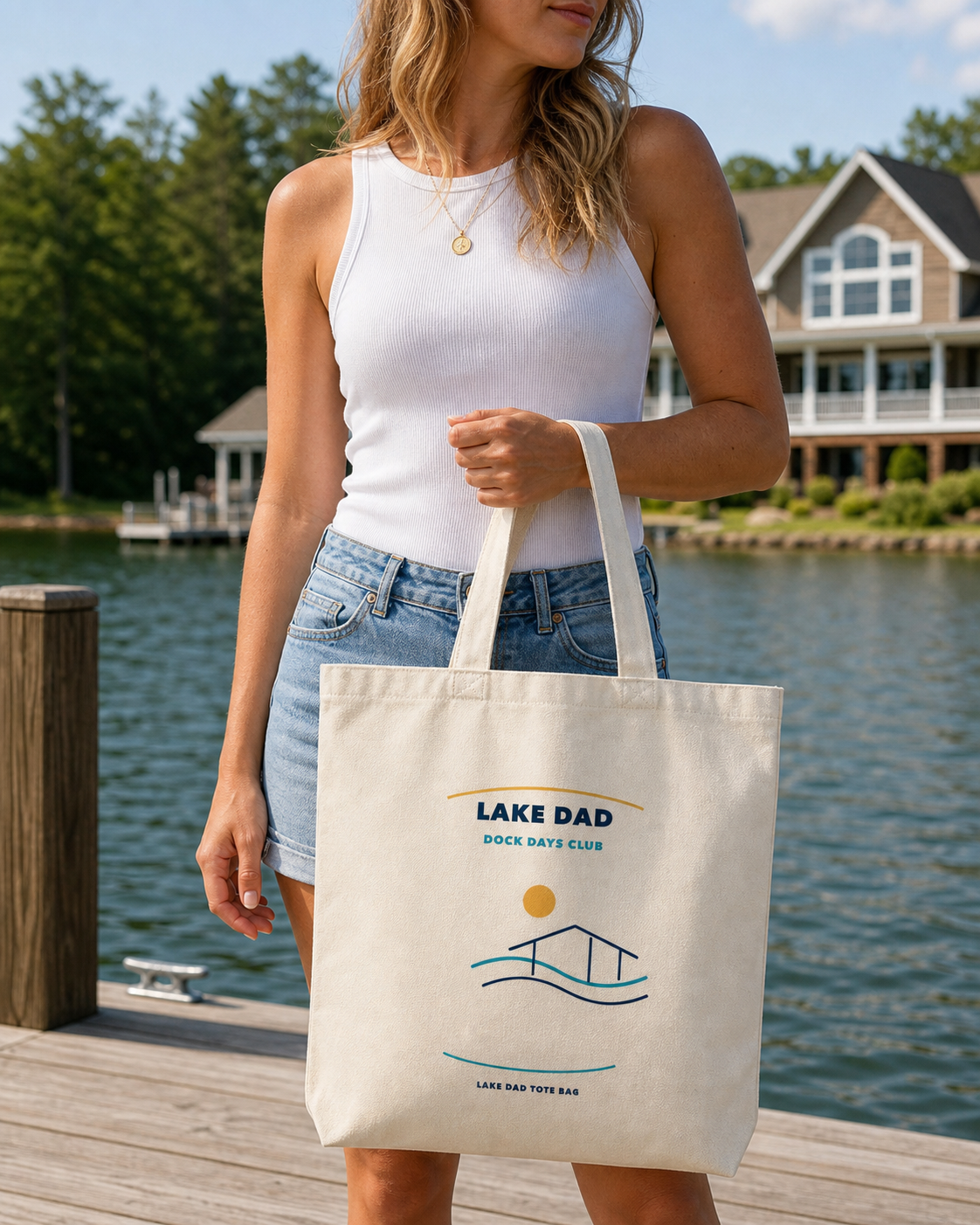 Lake Dad Cotton Canvas Tote Bag, Lake House Father's Day Gift finished physical cotton canvas tote bag in lake dock lifestyle scene