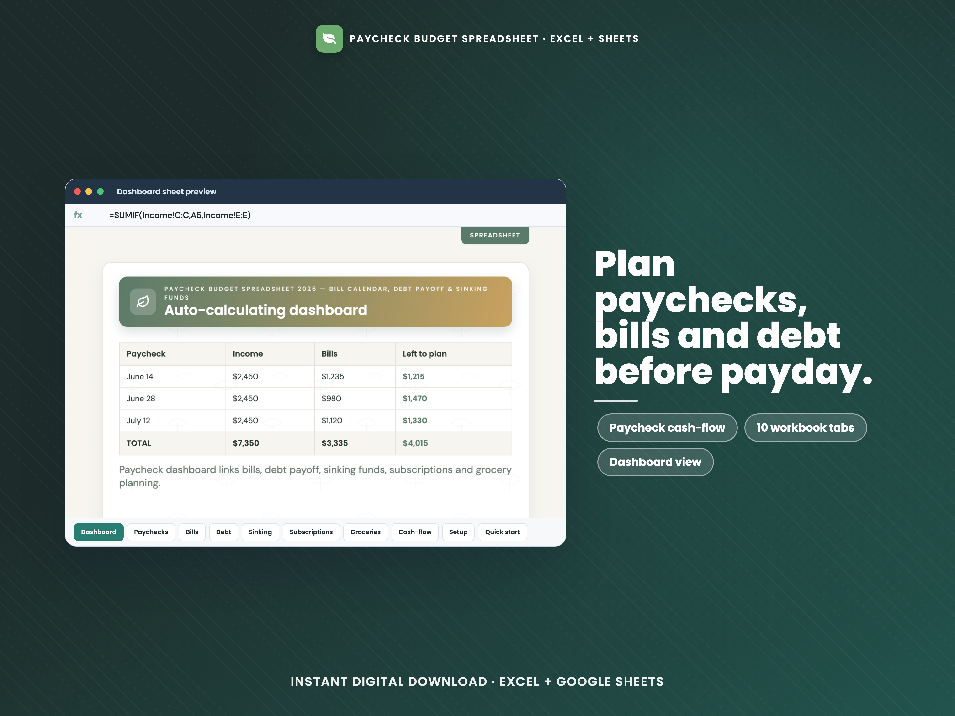 Paycheck Budget Spreadsheet 2026 — Bill Calendar, Debt Payoff & Sinking Funds cover preview