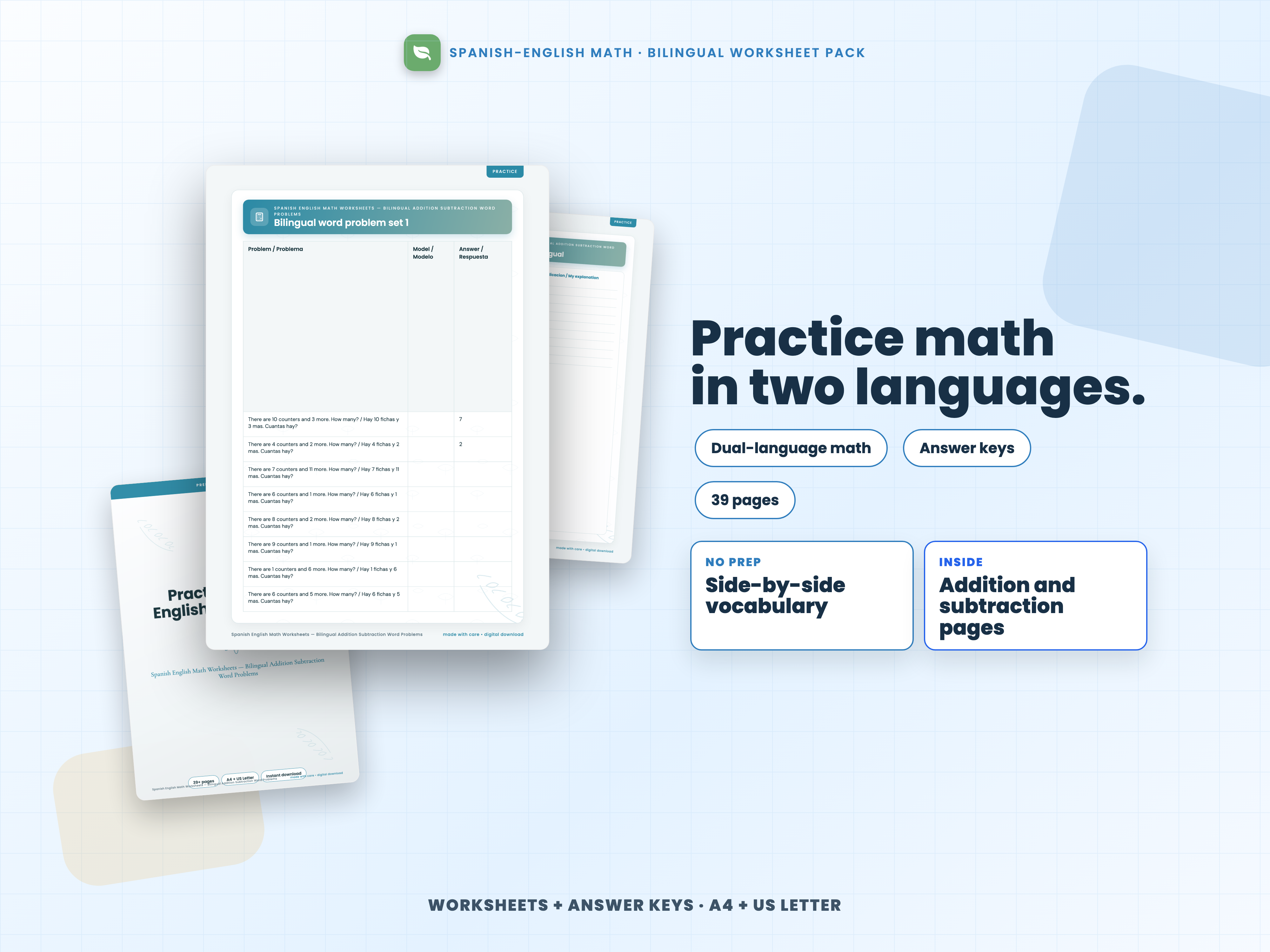Spanish English Math Worksheets — Bilingual Addition Subtraction Word Problems cover preview