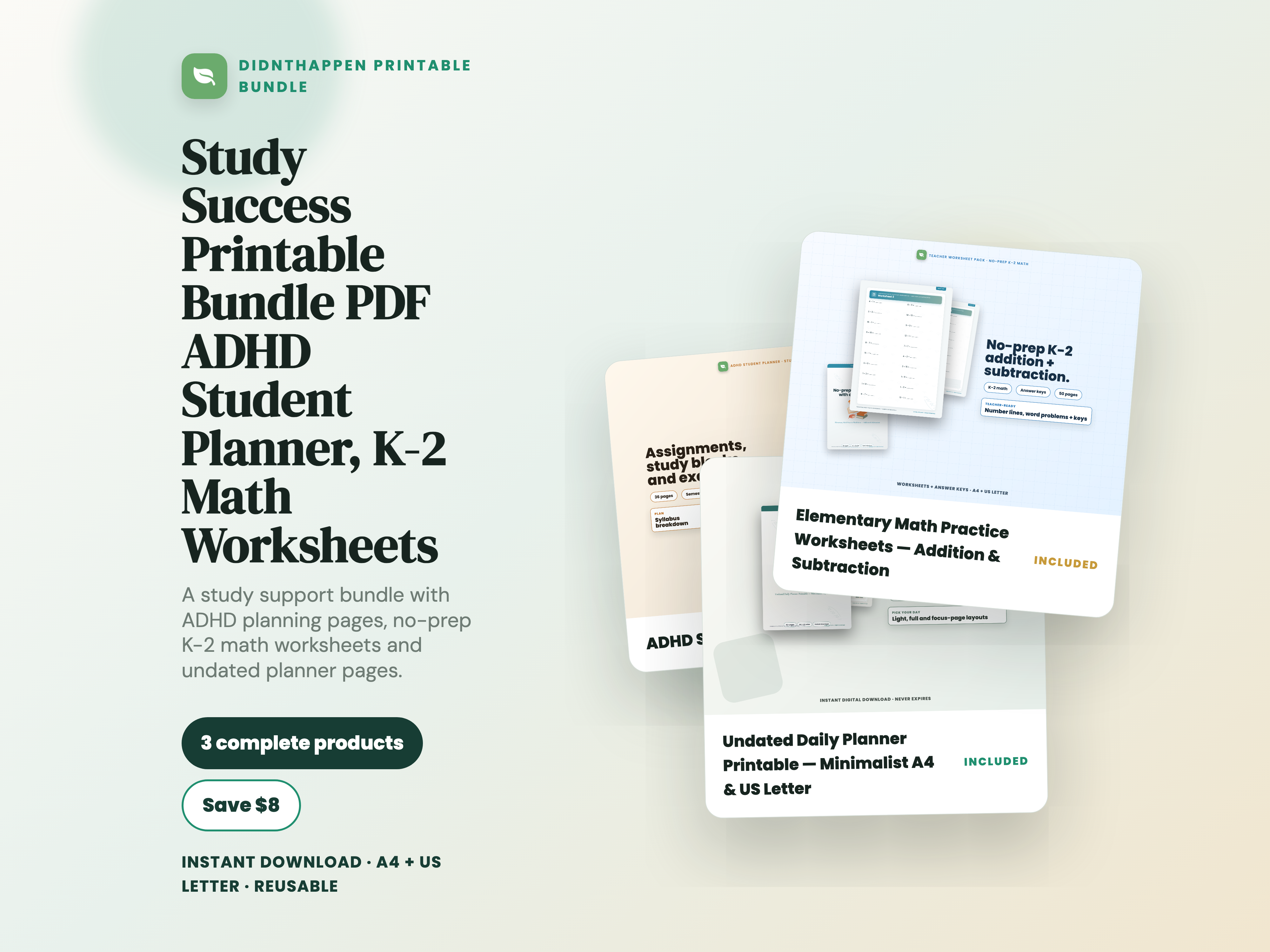 Study Success Printable Bundle PDF | ADHD Student Planner, K-2 Math Worksheets bundle cover
