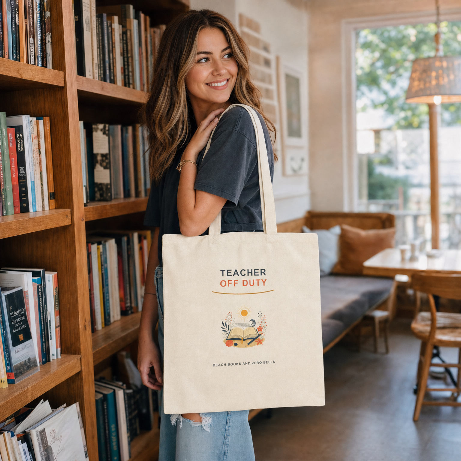 Teacher Off Duty Tote Bag | Summer Teacher Gift Canvas Beach Book Bag shown on adult model in reading nook