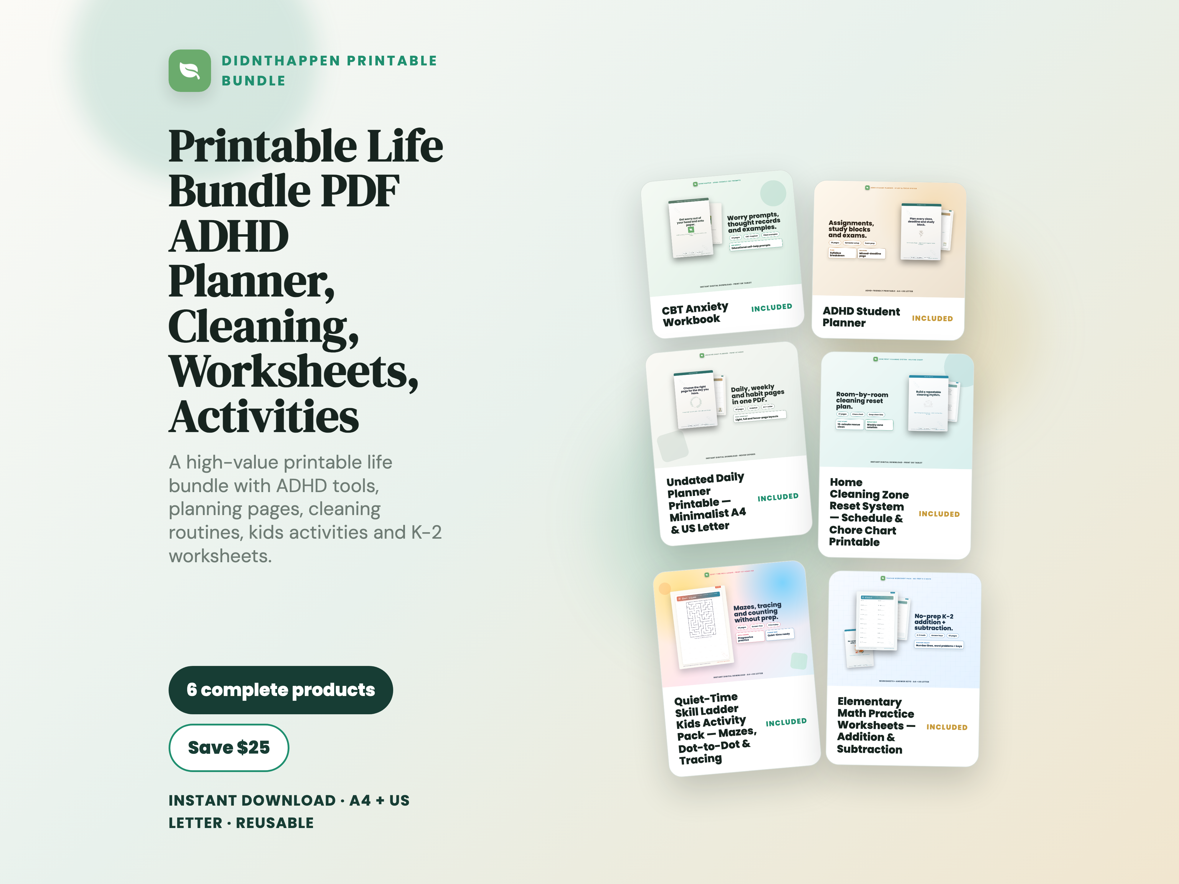 Printable Life Bundle PDF | ADHD Planner, Cleaning, Worksheets, Activities bundle cover