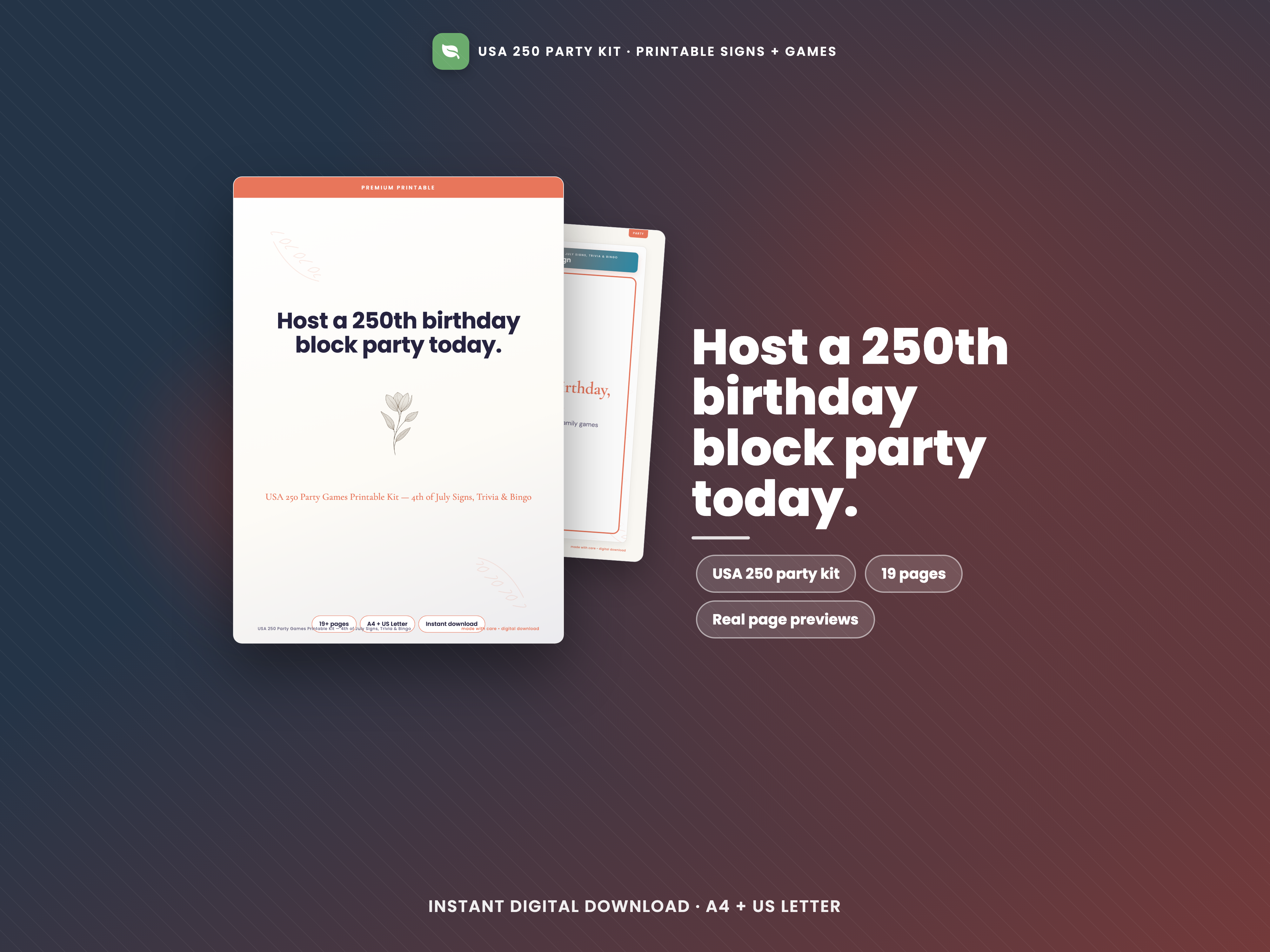 USA 250 Party Games Printable Kit — 4th of July Signs, Trivia & Bingo cover preview